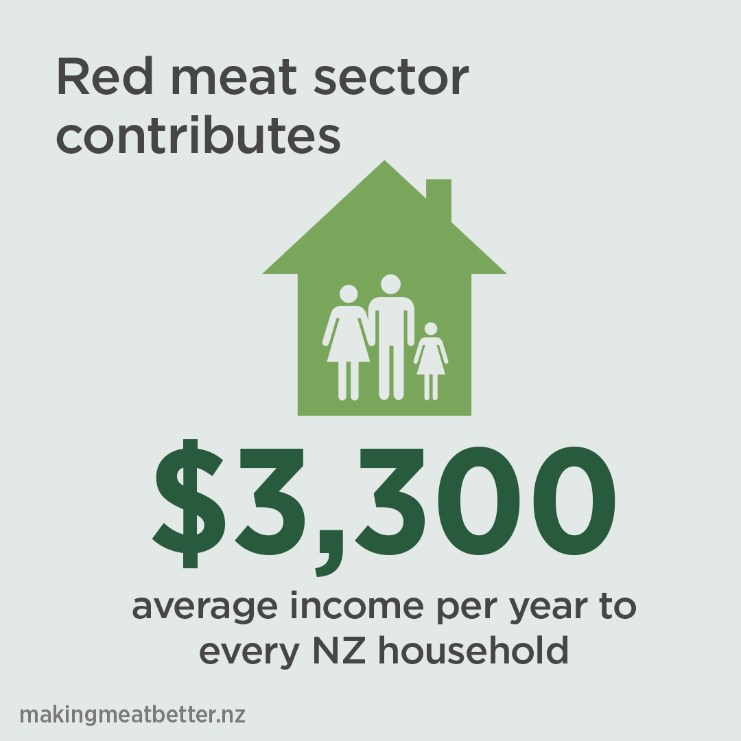 House with family in it with the text: red meat sector contributes $3300 average income per year to every NZ household 