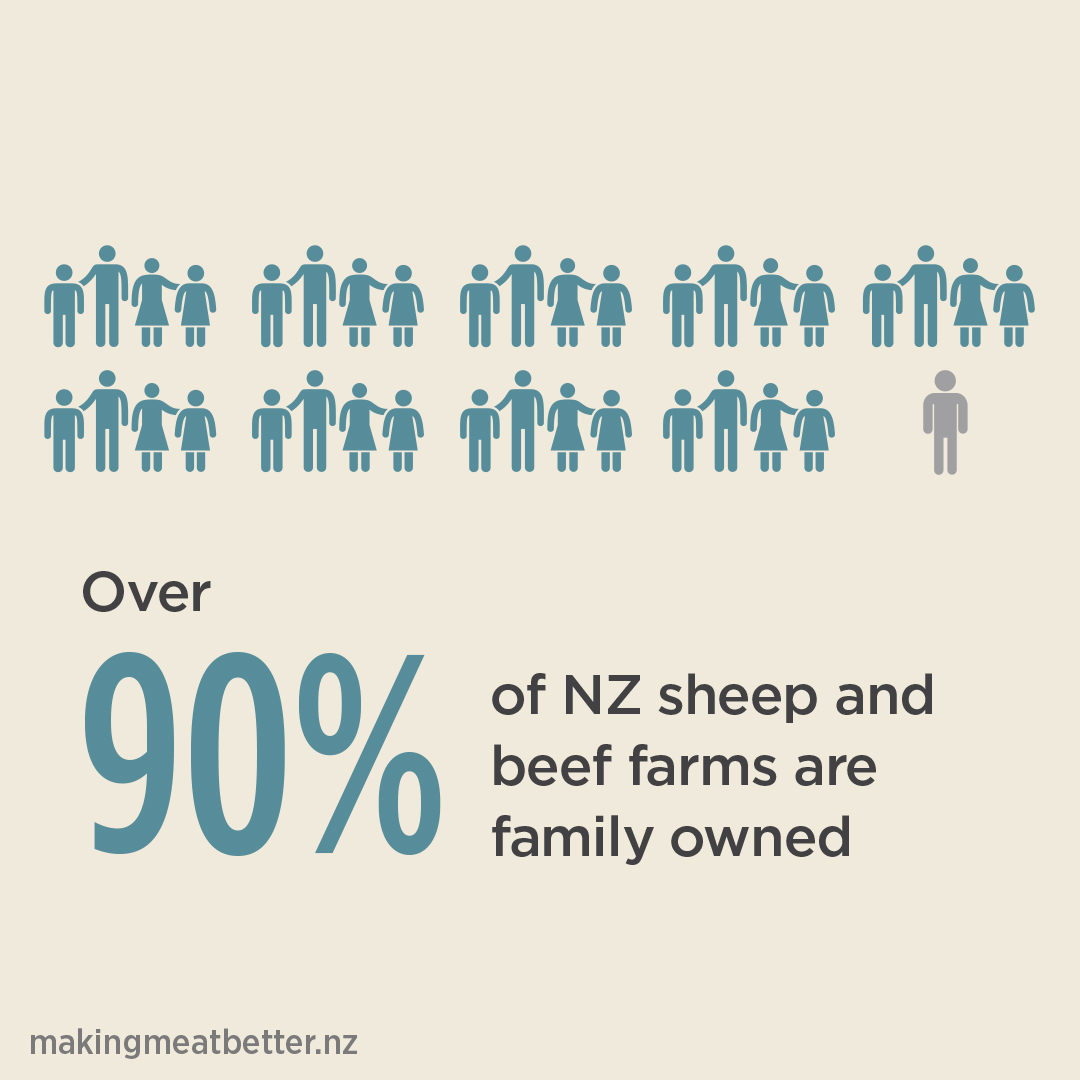 Showing 9/10 farms are family owned (9 groups of five people?) Alt text: 9 groups of people and one single person with text: over 90% of NZ sheep and beef farms are family owned 