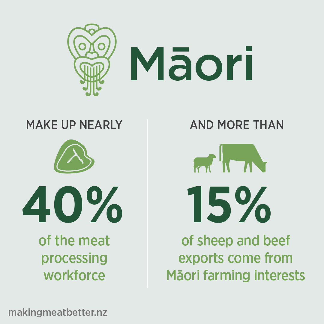 steak 40% and sheep and cattle 15% with text: Maori make up nearly 40% of the meat processing workforce and more than 15% of the sheep and beef exports come from Maori farming interests 